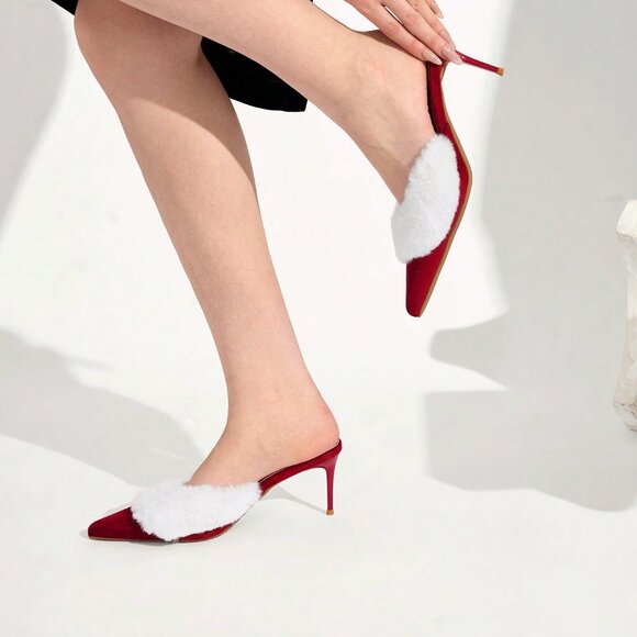 Burgundy Fuzzy Women's Christmas  Heeled Mules - Picture 7 of 7